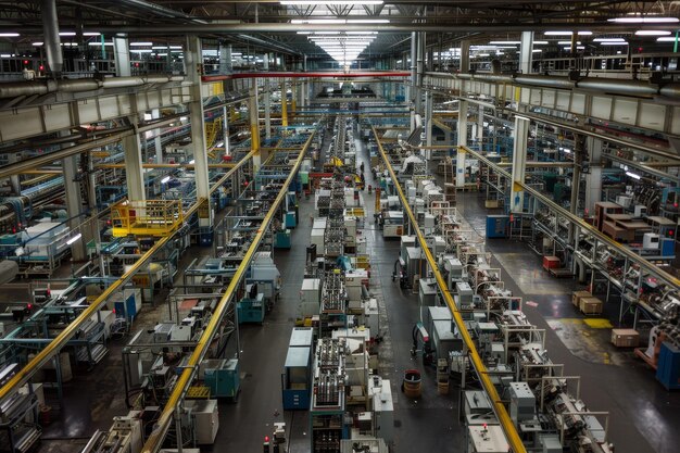 A large industrial building with many machines and workers