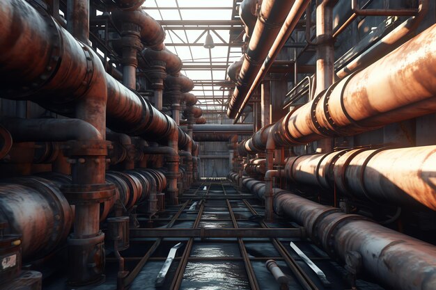 A large industrial building with pipes and tubes in it