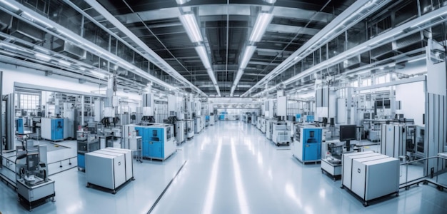 A large industrial factory with a large floor that has a blue and white machine