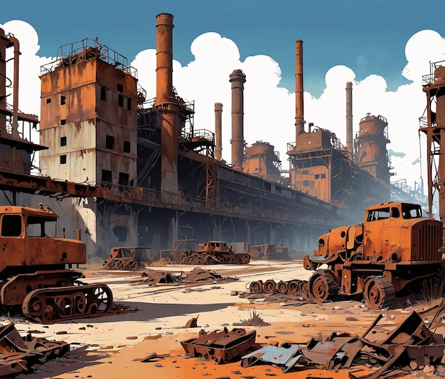 a large industrial factory with a lot of rust and debris