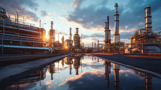 Foto grandi gasdotti industriali in una moderna raffineria all'alba