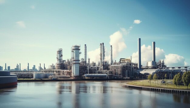 Photo a large industrial plant with a blue sky and clouds in the background