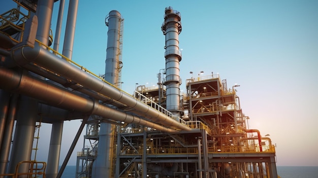 A large industrial plant with a large pipe and a blue sky in the background.