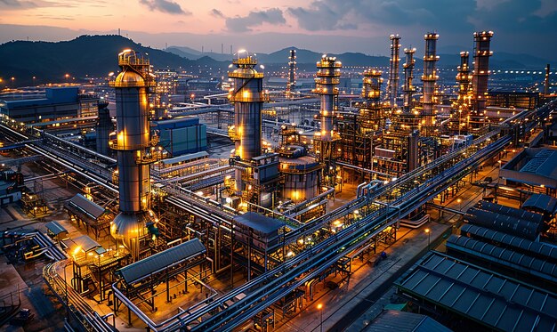 a large industrial plant with lights on it and a mountain in the background
