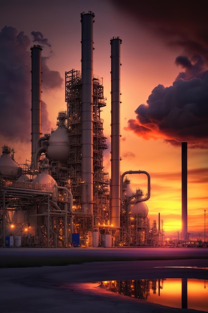 A large industrial plant with a sunset in the background