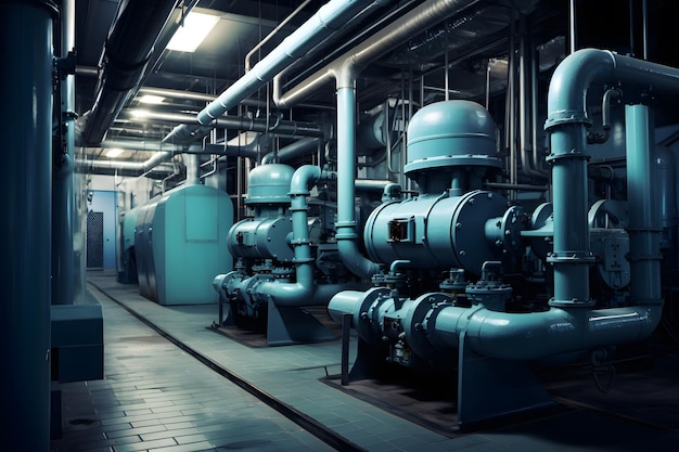 a large industrial room with a large pipe and a blue light