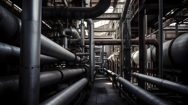 A large industrial room with many pipes and tubes in it.