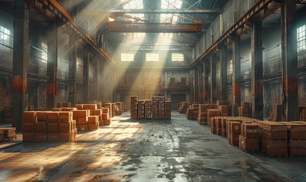 Large industrial warehouse in factory with sun rays