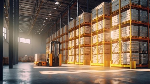 Photo large industrial warehouse tall racks filled with boxes and containers boxes on pallets forklift in the aisle daylight fills the room through the windows global logistic concept 3d illustration