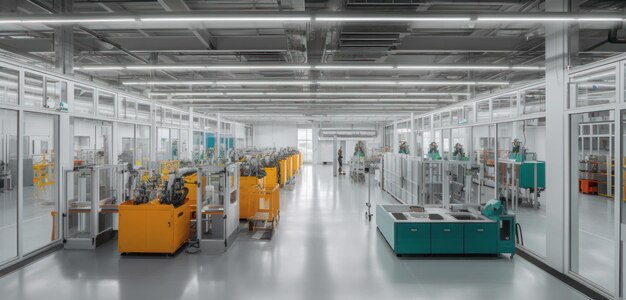 A large industrial warehouse with a large conveyor belt and a large number of machines.