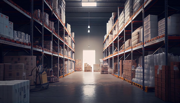 Large industrial warehouse with shelves full of goods