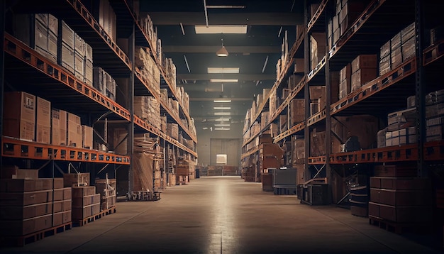 Large industrial warehouse with shelves full of goods