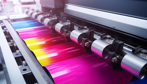 Large inkjet printer working multicolour on vinyl banner close up