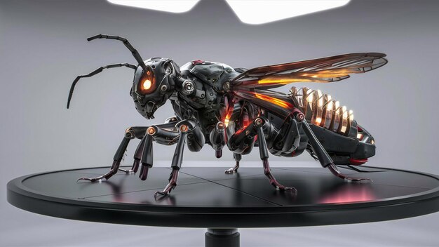 Photo a large insect with a yellow eye and orange eyes sits on a table