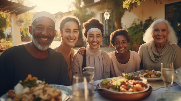 Large intercultural family during outdoor dinner