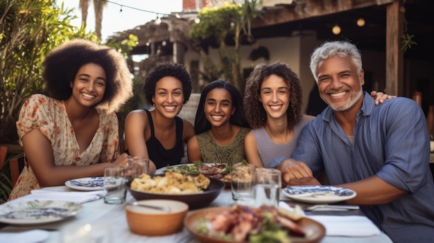 Large intercultural family during outdoor dinner