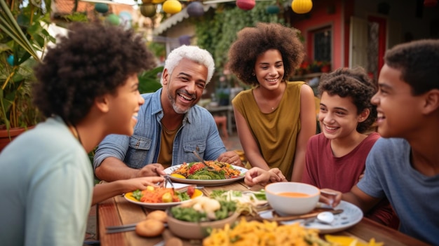 Large intercultural family during outdoor dinner