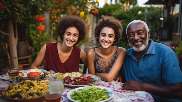 Large intercultural family during outdoor dinner