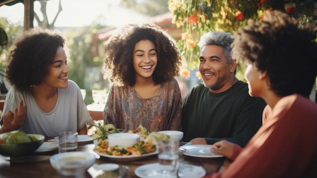 Large intercultural family during outdoor dinner