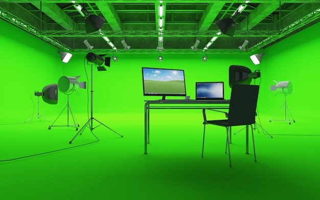 Photo large interior of modern film studio with green chroma key