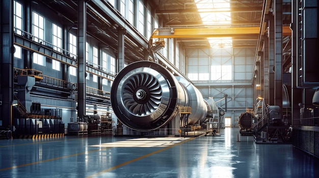 Large Jet Engine Inside Factory Workshop