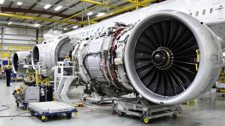 Photo a large jet engine is in a factory with other parts waiting for repair or maintenance