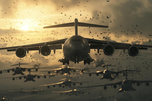 a large jet is flying over a runway with the sun behind it