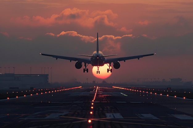 Фото Большой реактивный самолет, летящий над взлетно-посадочной полосой при заходе солнца