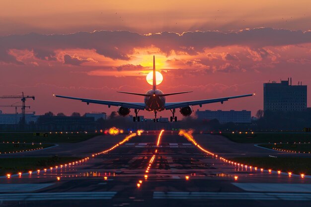 Foto un grande aereo a reazione vola sopra la pista al tramonto