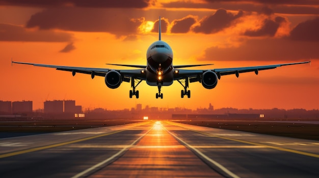 A large jetliner flying over a runway at sunset