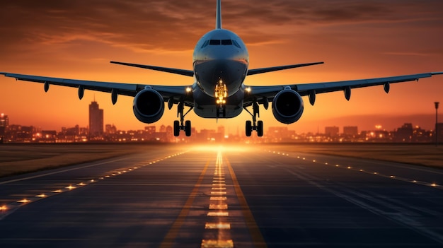 A large jetliner flying over a runway at sunset