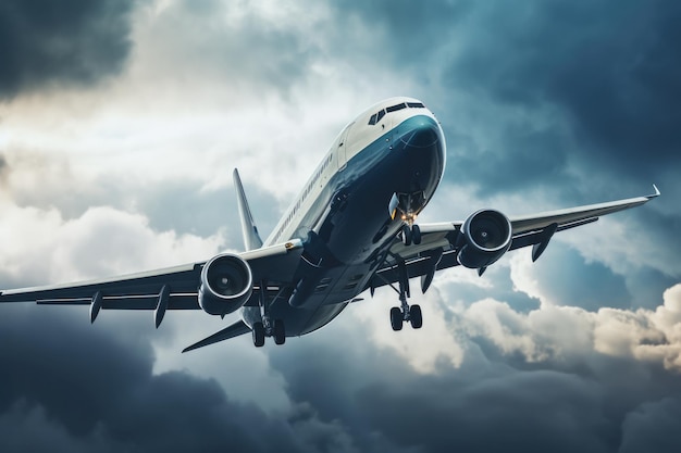 雲 の 空 を 飛ぶ 大きな ジェット 旅客 機