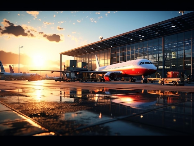 Photo large jetliner parked on airport tarmac