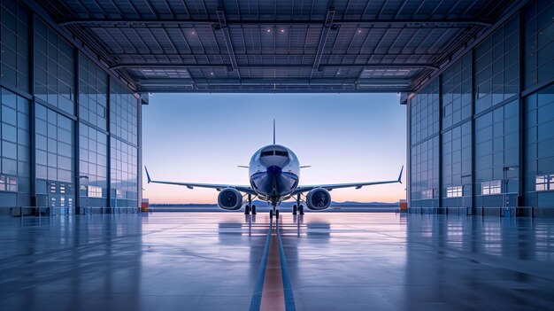 Photo large jetliner parked in hangar