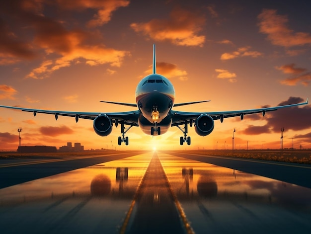 A large jetliner taking off or dawn from an airport runway at sunset