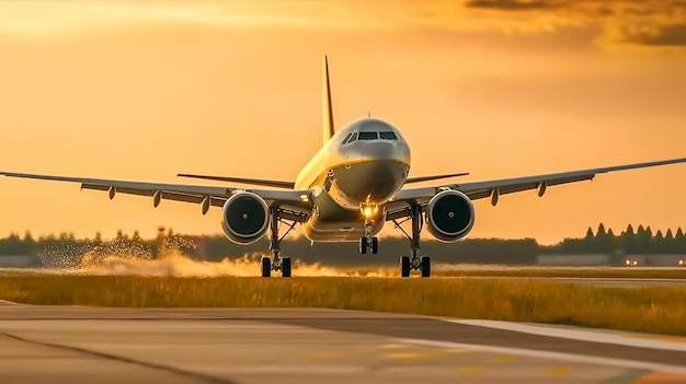 夕方に空港の滑走路から離陸する大型ジェット機ジェネレーティブAI