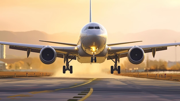 A large jetliner taking off from airport runway at sunset or dawn with the landing gear down and the landing gear down as the plane is about to take off Generative AI