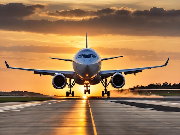 A large jetliner taking off from an airport runway at sunset or dawn