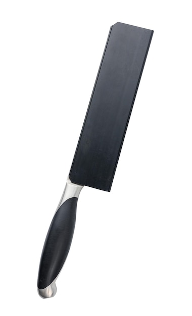 Foto coltello da cucina grande in una guaina di plastica isolata su sfondo bianco
