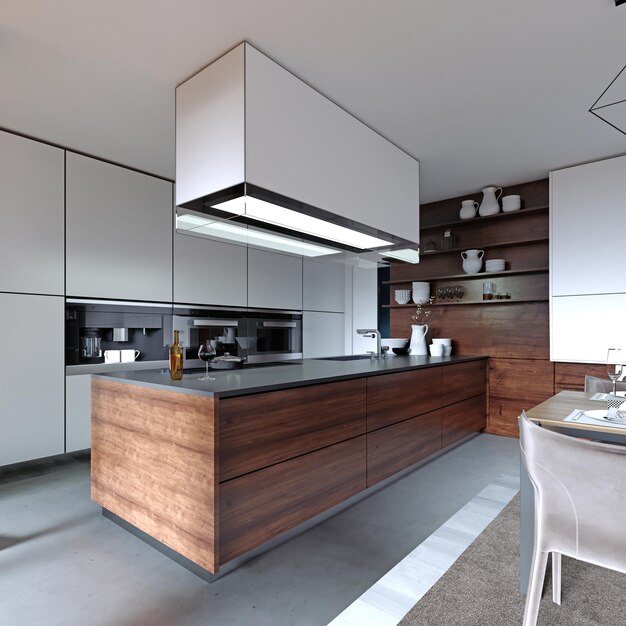 Large kitchen in a modern Scandinavian style white and wooden furniture facade