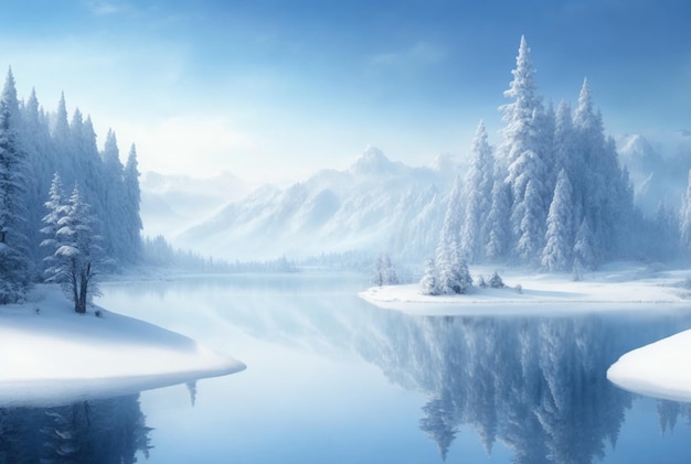 Large lake winter fairy kingdom scene background