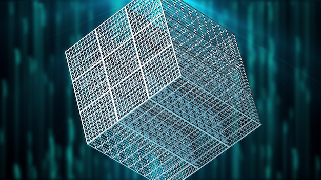 写真 大きな格子立方体は、スペック 3 d レンダリングで回転します抽象的な複雑な形状コンピューターで生成された技術的な背景
