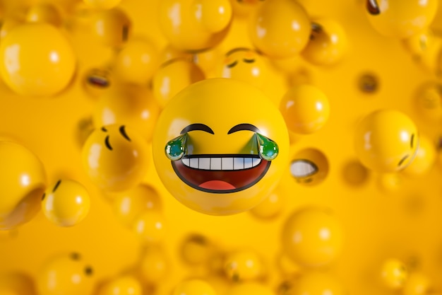 흐림 효과가 있는 노란색 배경 위에 눈물을 흘리며 웃고 있는 큰 이모티콘 얼굴. 3d 렌더링 그림입니다.