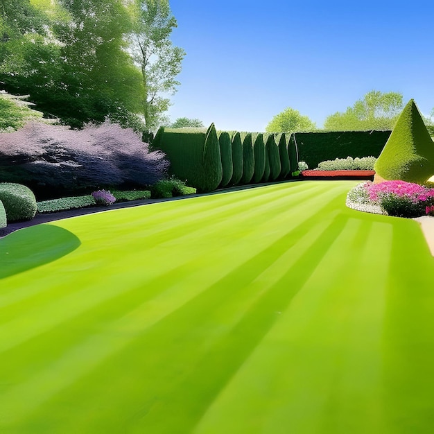 A large lawn with a large lawn and a large hedge in the background.