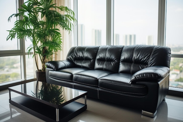 Large leather sofa on the background of a large window in a modern interior