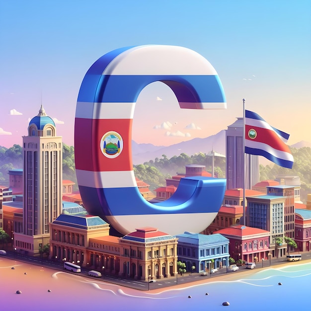 a large letter c is above a city with a building in the background