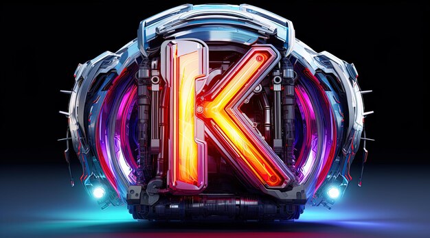 a large letter k is lit up in a colorful light