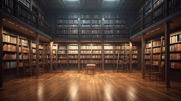 Large library with many books and bookshelves for learning with knowledge AI generated