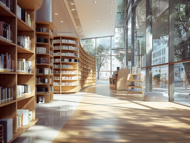 A large library with many books on shelves and tables