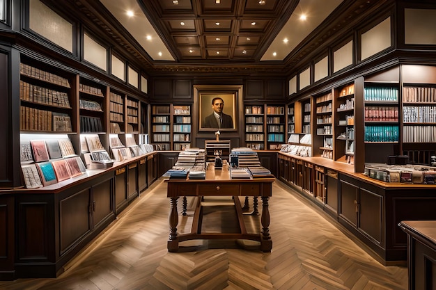 A large library with shelves wooden cabinets and a table in the middle generated by ai